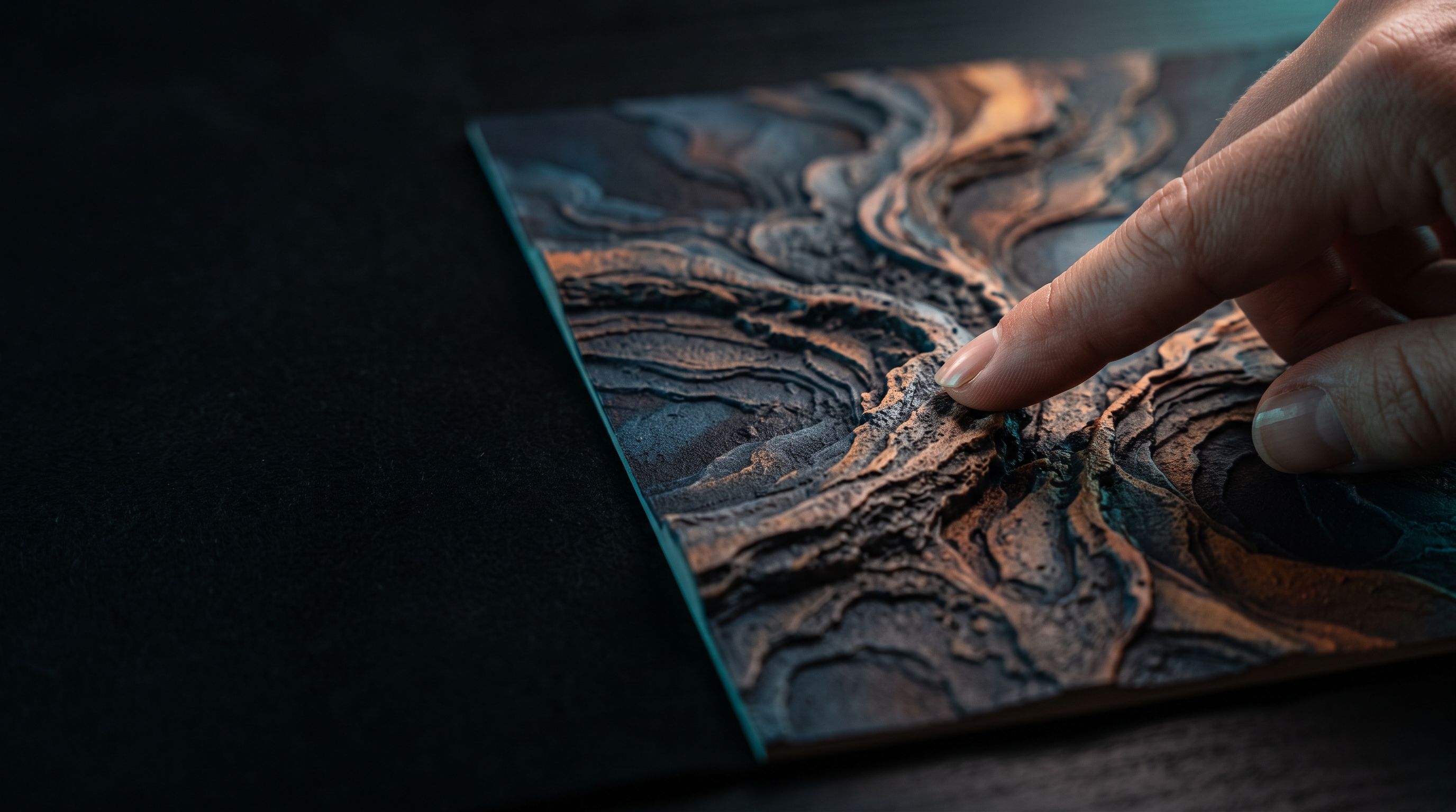A fingertip touching a printed 3D relief